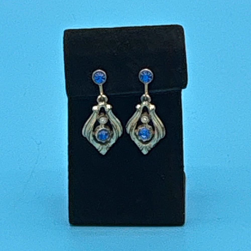 Vintage 1950s Sapphire Blue Rhinestone Dangle Earrings Screw Back Art Deco